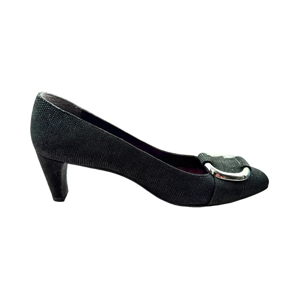 Stuart Weitzman Women's Pumps Size 6.5M Black Textured Fabric Silver Buckle Heel